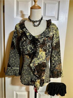 Emma‎ James Wms Y2K Sheer Paisley Floral Boho Ruffle Whimsigoth Feminine Top 12P